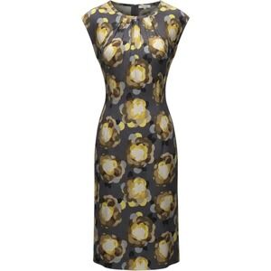 Boden Shift Dress Women 8R Grey Yellow Floral Silk Blend Pleated Neck Sleeveless